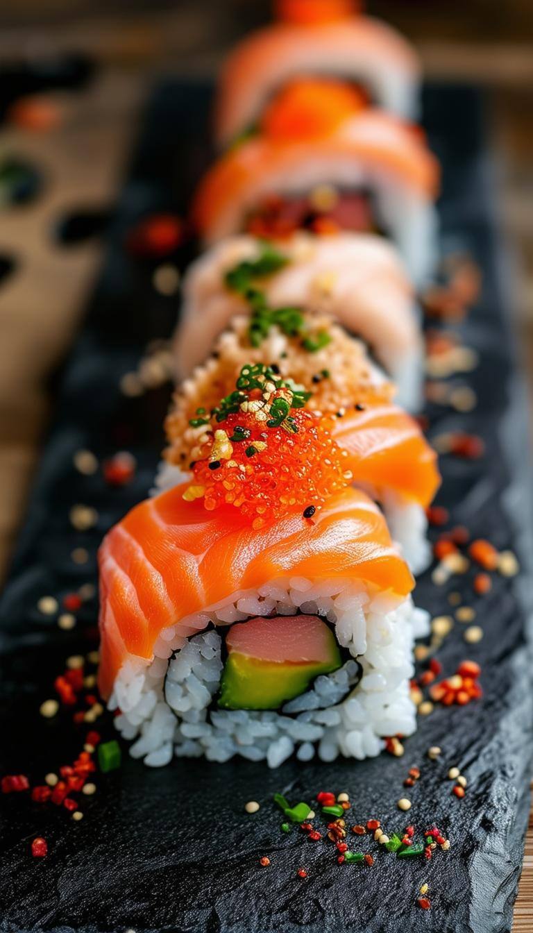 The image features a beautifully arranged plate of sushi. The sushi rolls are presented on a dark slate surface, showcasing various types of sushi, li